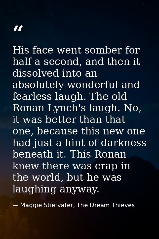 His face went somber for half a second, and then it dissolved into an absolutely wonderful and fearless laugh. The old R — Maggie Stiefvater, The Dream Thieves