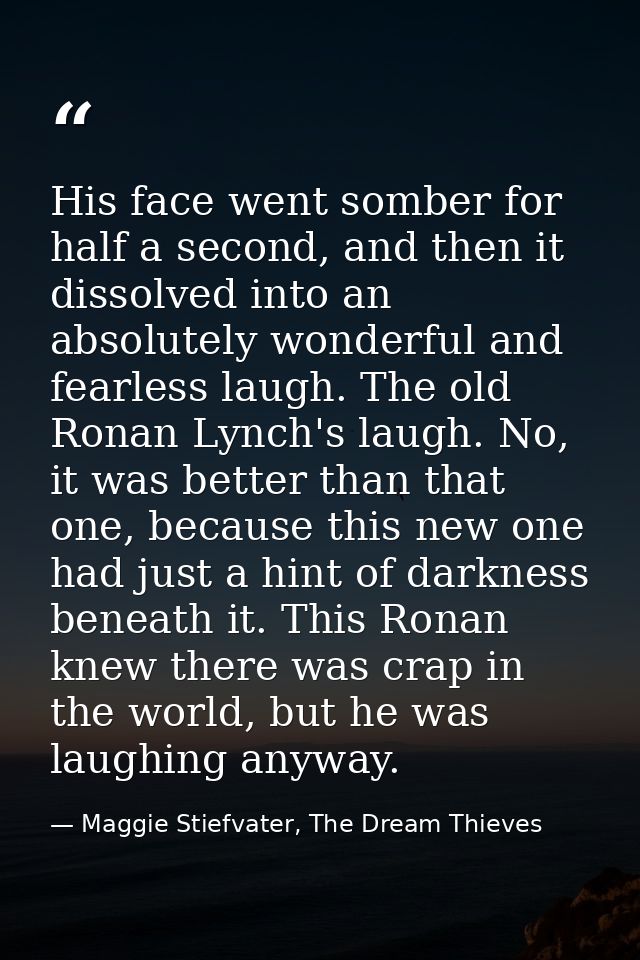 His face went somber for half a second, and then it dissolved into an absolutely wonderful and fearless laugh. The old R — Maggie Stiefvater, The Dream Thieves