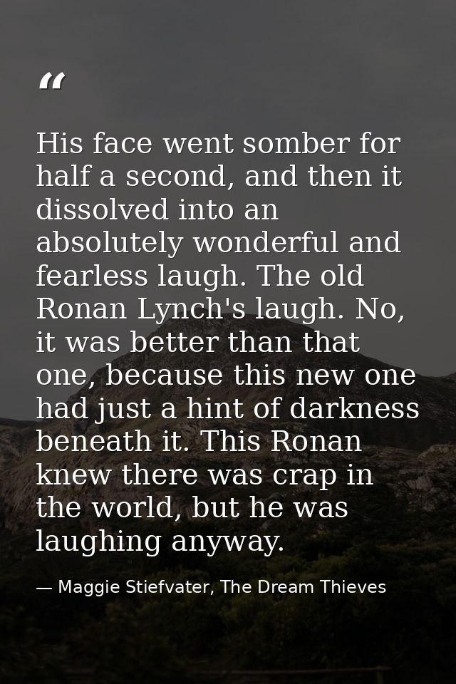 His face went somber for half a second, and then it dissolved into an absolutely wonderful and fearless laugh. The old R — Maggie Stiefvater, The Dream Thieves