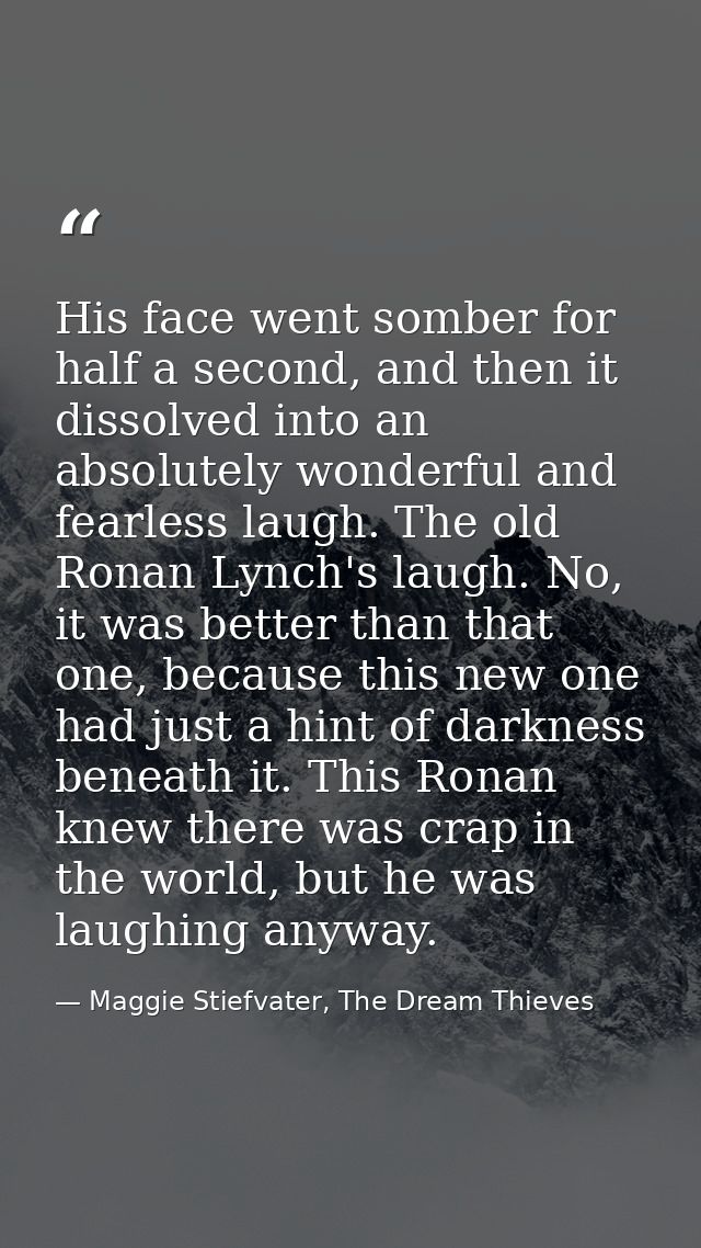 His face went somber for half a second, and then it dissolved into an absolutely wonderful and fearless laugh. The old R — Maggie Stiefvater, The Dream Thieves
