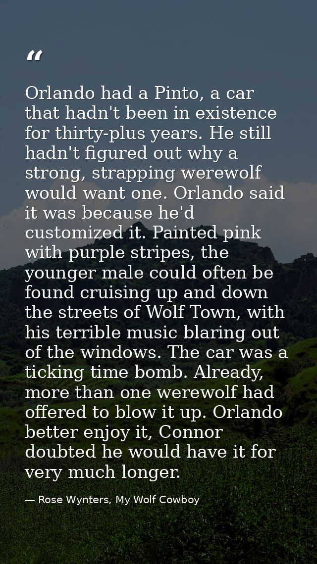 Orlando had a Pinto, a car that hadn't been in existence for thirty-plus years. He still hadn't figured out why a strong — Rose Wynters, My Wolf Cowboy