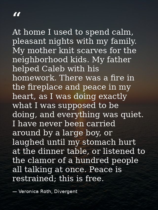 At home I used to spend calm, pleasant nights with my family. My mother knit scarves for the neighborhood kids. My fathe — Veronica Roth, Divergent