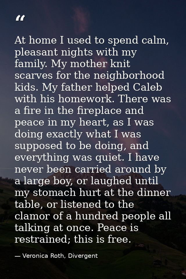 At home I used to spend calm, pleasant nights with my family. My mother knit scarves for the neighborhood kids. My fathe — Veronica Roth, Divergent