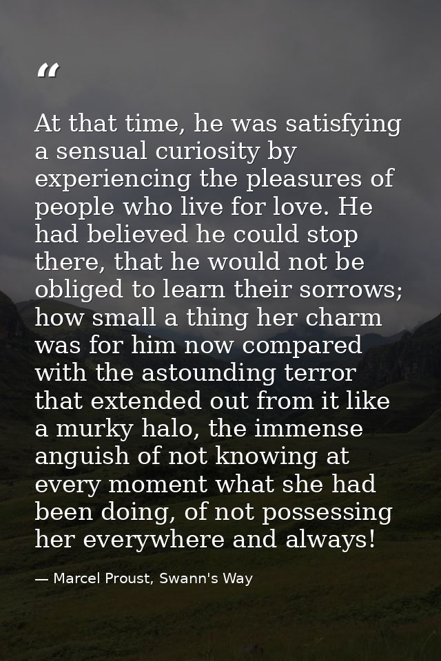 At that time, he was satisfying a sensual curiosity by experiencing the pleasures of people who live for love. He had be — Marcel Proust, Swann's Way