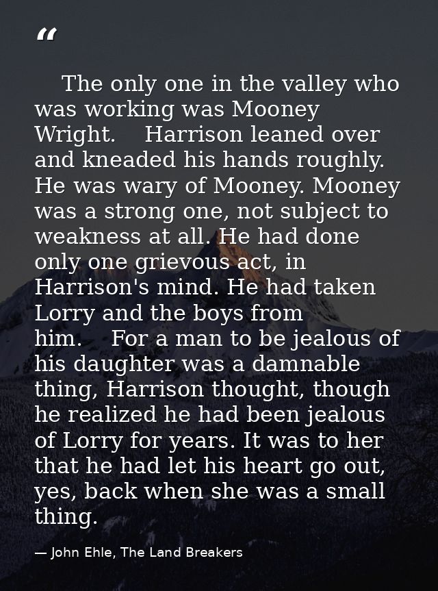     The only one in the valley who was working was Mooney Wright.    Harrison leaned over and kneaded his hands roughly. — John Ehle, The Land Breakers