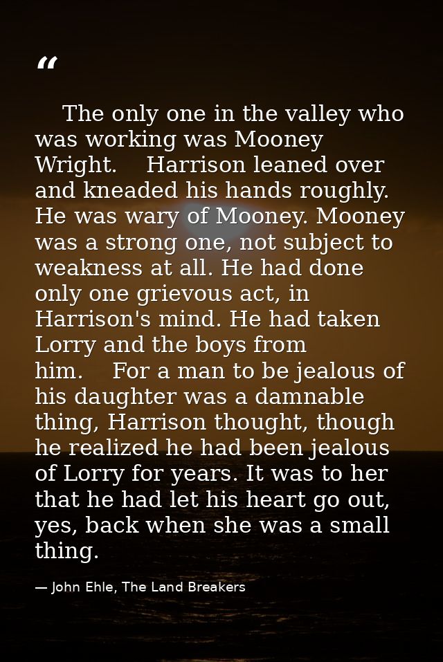     The only one in the valley who was working was Mooney Wright.    Harrison leaned over and kneaded his hands roughly. — John Ehle, The Land Breakers