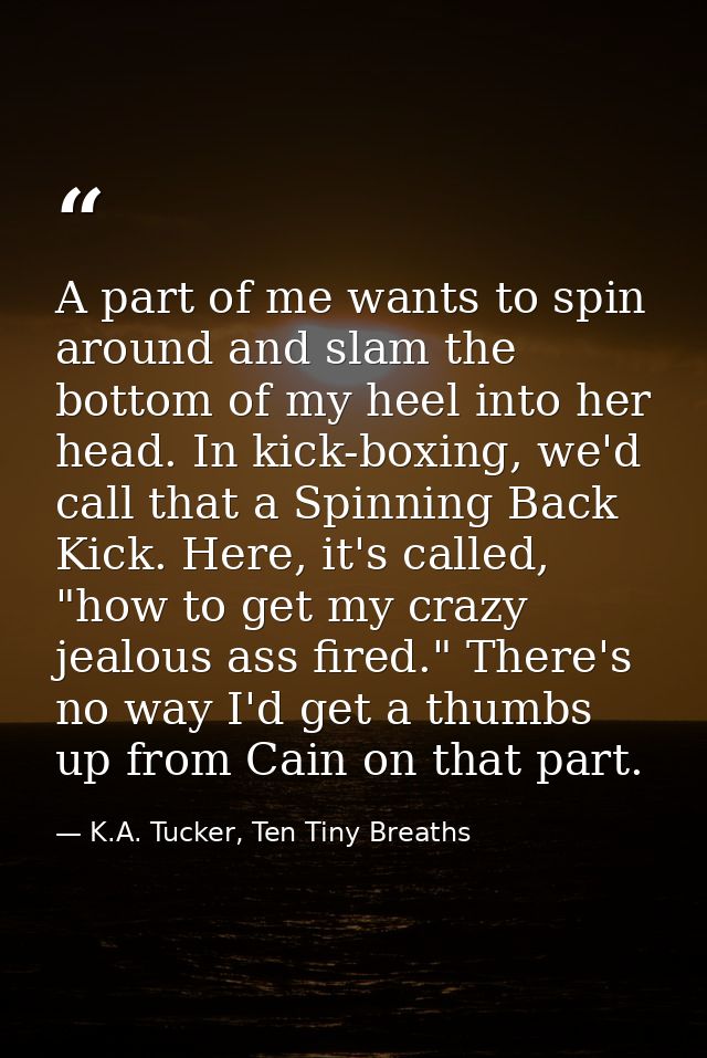 A part of me wants to spin around and slam the bottom of my heel into her head. In kick-boxing, we'd call that a Spinnin — K.A. Tucker, Ten Tiny Breaths