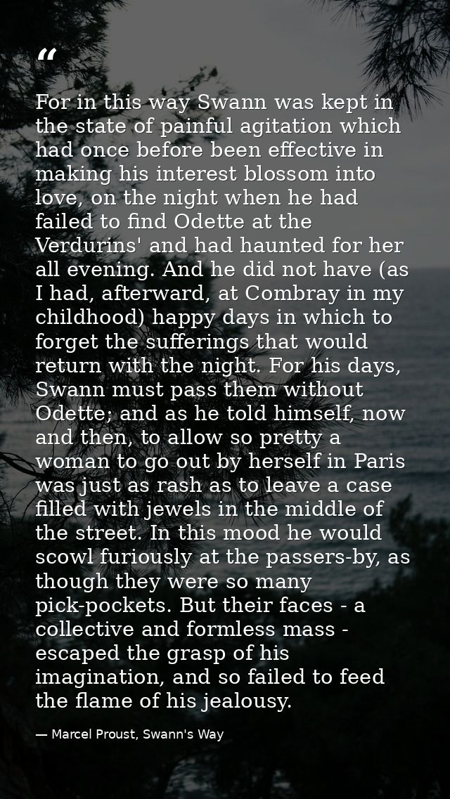 For in this way Swann was kept in the state of painful agitation which had once before been effective in making his inte — Marcel Proust, Swann's Way