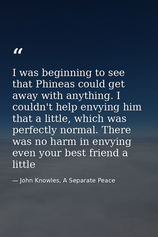 I was beginning to see that Phineas could get away with anything. I couldn't help envying him that a little, which was p — John Knowles, A Separate Peace