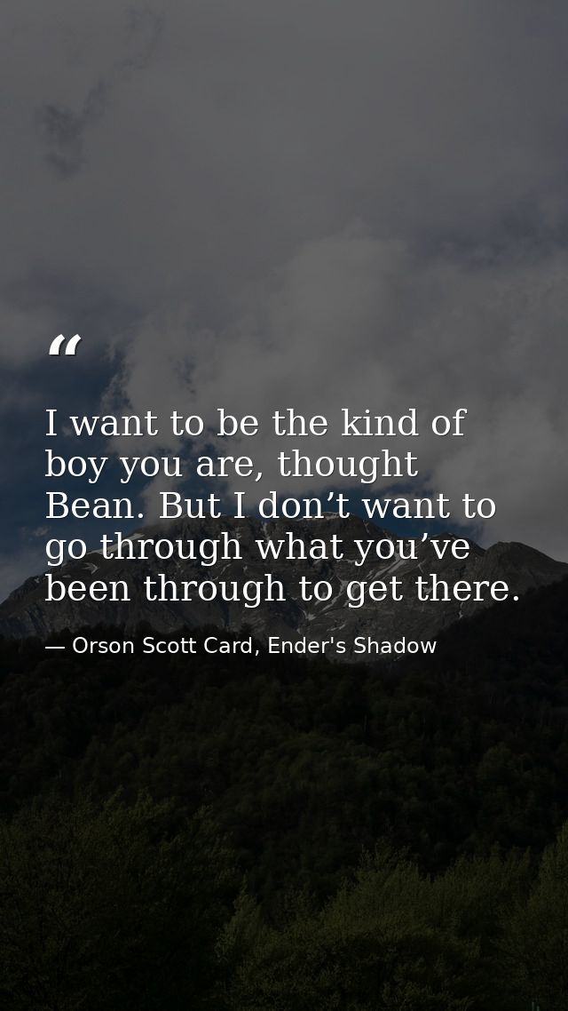 I want to be the kind of boy you are, thought Bean. But I don’t want to go through what you’ve been through to get there — Orson Scott Card, Ender's Shadow