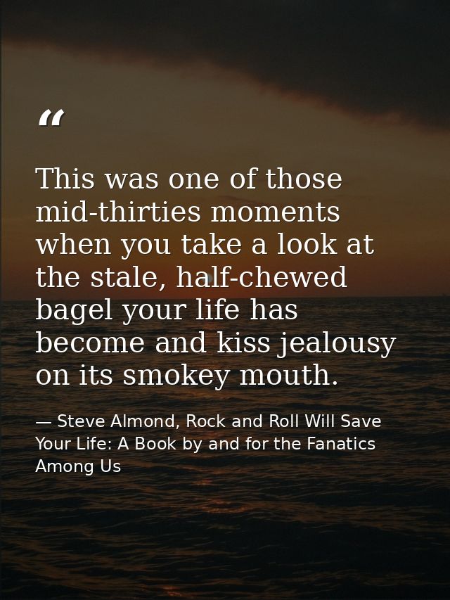 This was one of those mid-thirties moments when you take a look at the stale, half-chewed bagel your life has become and — Steve Almond, Rock and Roll Will Save Your Life: A Book by and for the Fanatics Among Us