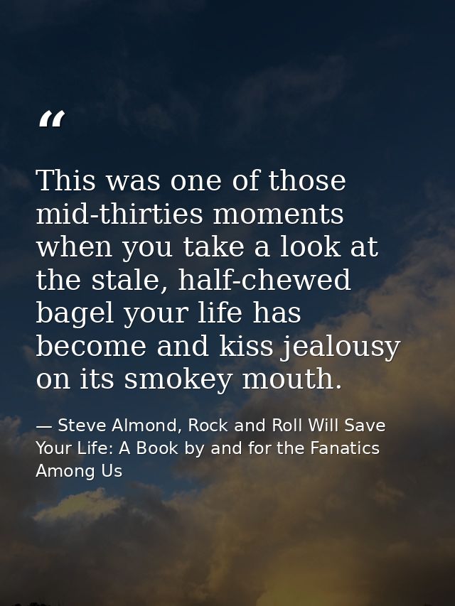 This was one of those mid-thirties moments when you take a look at the stale, half-chewed bagel your life has become and — Steve Almond, Rock and Roll Will Save Your Life: A Book by and for the Fanatics Among Us