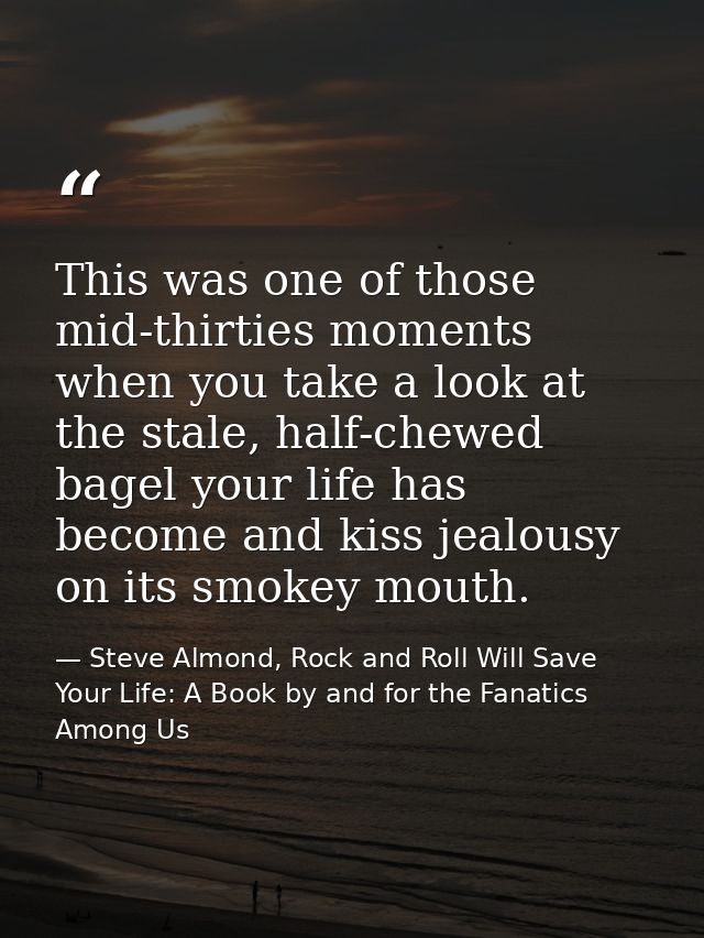 This was one of those mid-thirties moments when you take a look at the stale, half-chewed bagel your life has become and — Steve Almond, Rock and Roll Will Save Your Life: A Book by and for the Fanatics Among Us
