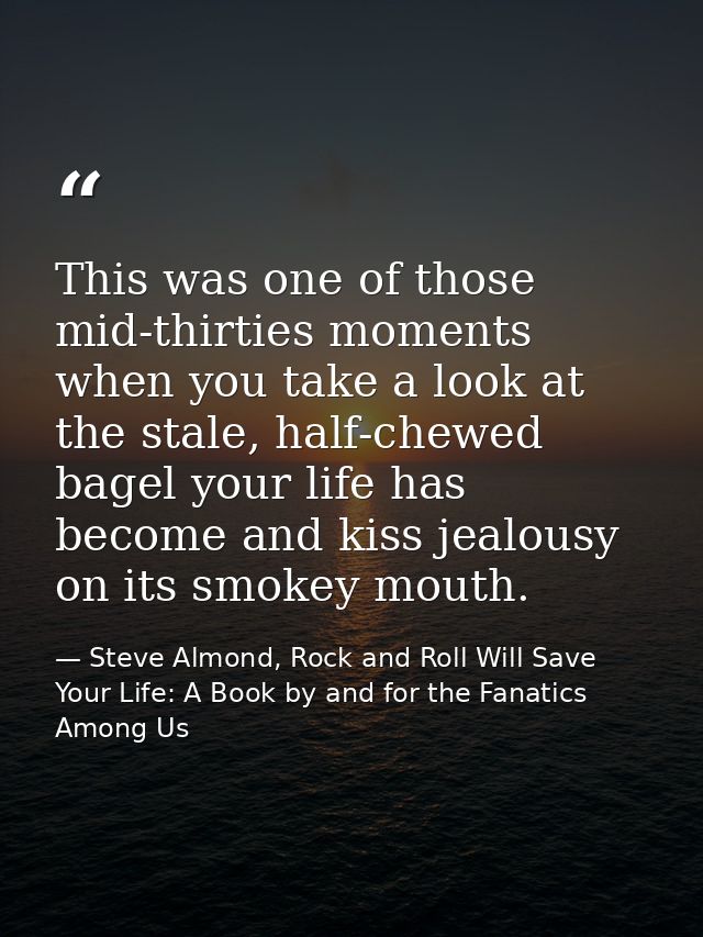 This was one of those mid-thirties moments when you take a look at the stale, half-chewed bagel your life has become and — Steve Almond, Rock and Roll Will Save Your Life: A Book by and for the Fanatics Among Us