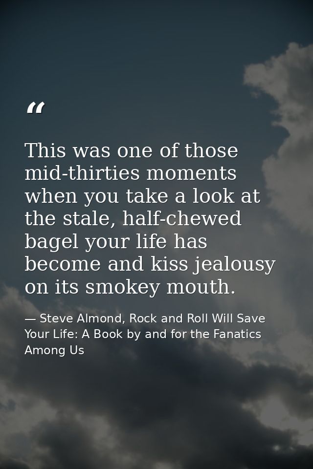 This was one of those mid-thirties moments when you take a look at the stale, half-chewed bagel your life has become and — Steve Almond, Rock and Roll Will Save Your Life: A Book by and for the Fanatics Among Us