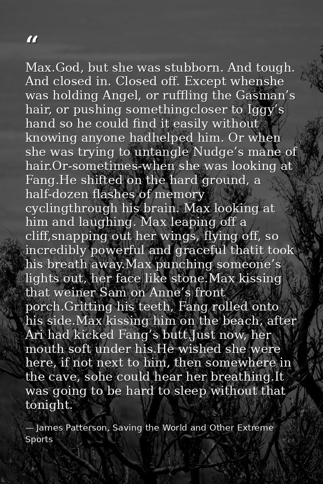 Max.God, but she was stubborn. And tough. And closed in. Closed off. Except whenshe was holding Angel, or ruffling the G — James Patterson, Saving the World and Other Extreme Sports
