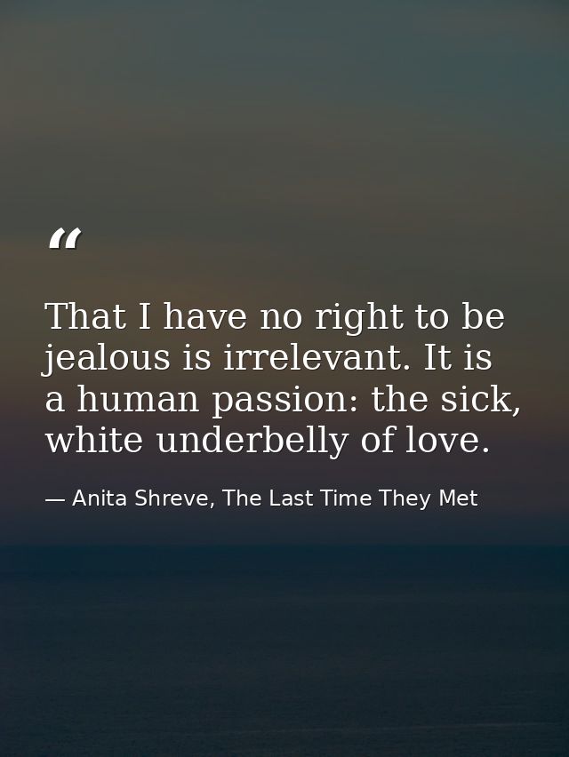 That I have no right to be jealous is irrelevant. It is a human passion: the sick, white underbelly of love. — Anita Shreve, The Last Time They Met