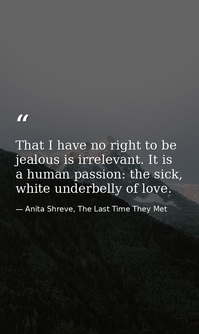 That I have no right to be jealous is irrelevant. It is a human passion: the sick, white underbelly of love. — Anita Shreve, The Last Time They Met