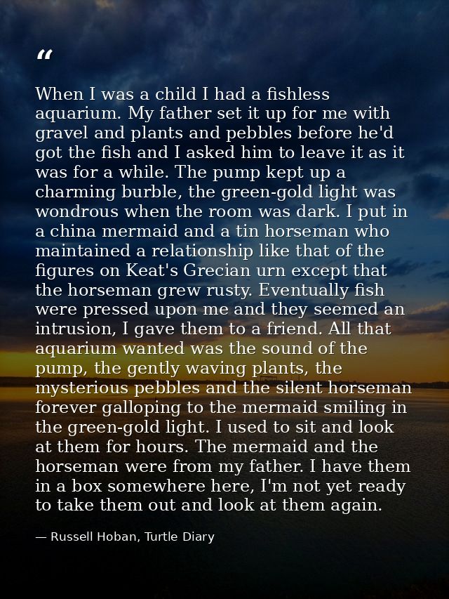 When I was a child I had a fishless aquarium. My father set it up for me with gravel and plants and pebbles before he'd  — Russell Hoban, Turtle Diary