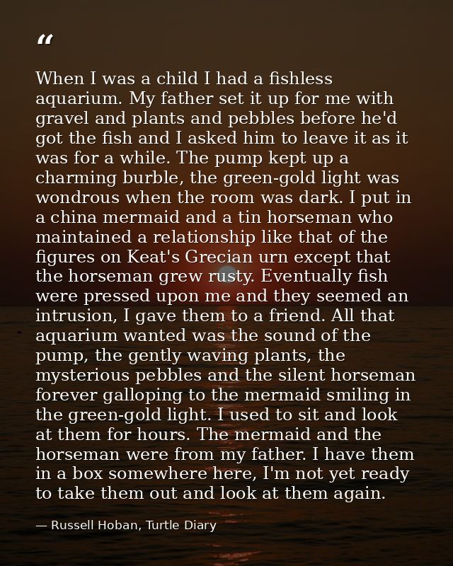 When I was a child I had a fishless aquarium. My father set it up for me with gravel and plants and pebbles before he'd  — Russell Hoban, Turtle Diary