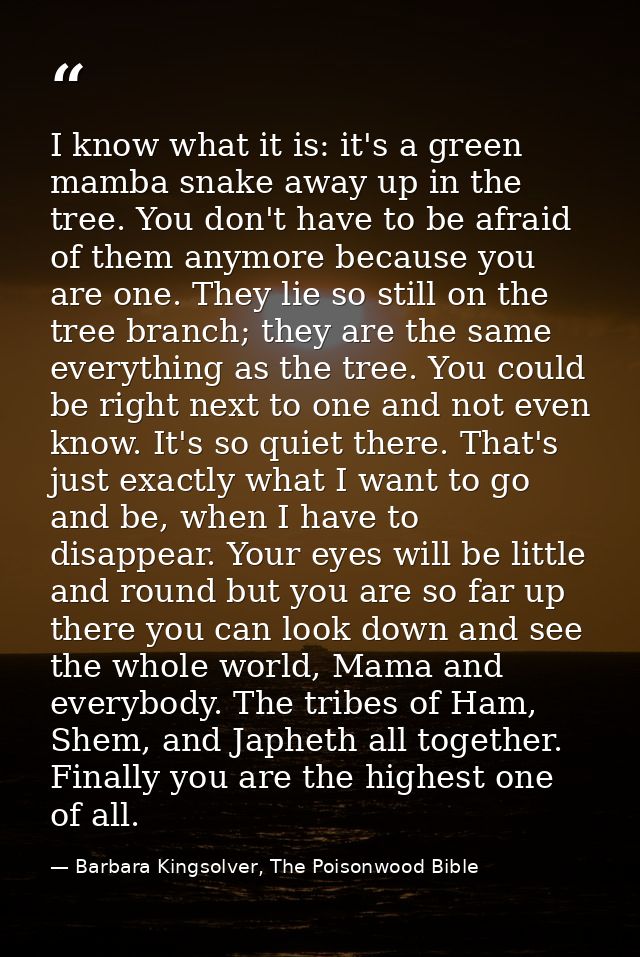 I know what it is: it's a green mamba snake away up in the tree. You don't have to be afraid of them anymore because you — Barbara Kingsolver, The Poisonwood Bible