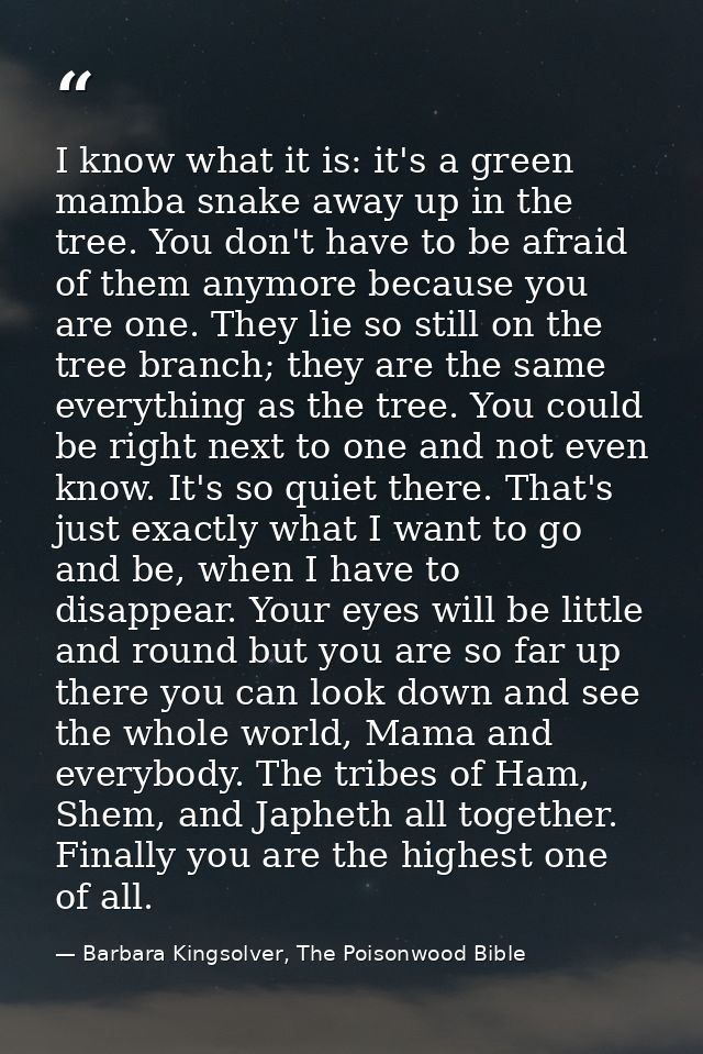 I know what it is: it's a green mamba snake away up in the tree. You don't have to be afraid of them anymore because you — Barbara Kingsolver, The Poisonwood Bible