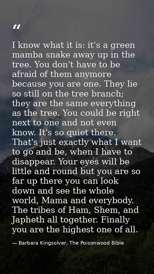 I know what it is: it's a green mamba snake away up in the tree. You don't have to be afraid of them anymore because you — Barbara Kingsolver, The Poisonwood Bible