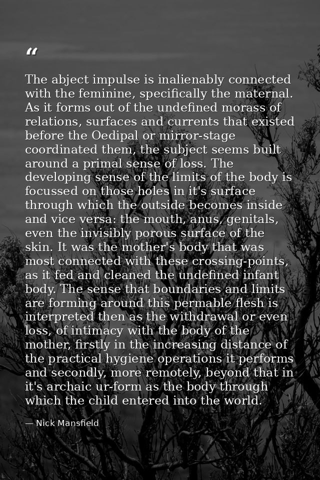 The abject impulse is inalienably connected with the feminine, specifically the maternal. As it forms out of the undefin — Nick Mansfield
