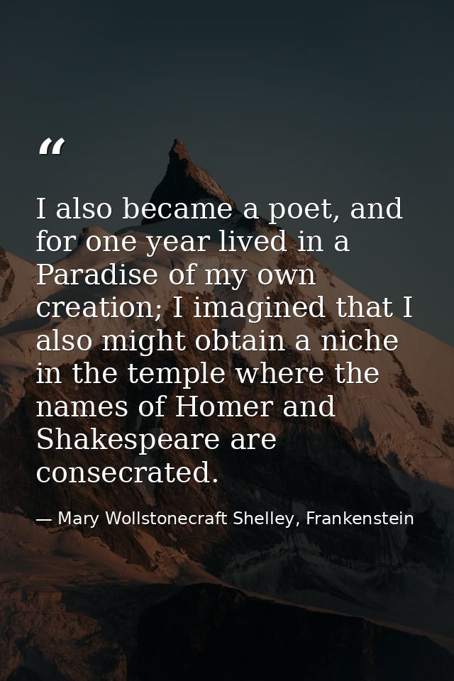 I also became a poet, and for one year lived in a Paradise of my own creation; I imagined that I also might obtain a nic — Mary Wollstonecraft Shelley, Frankenstein