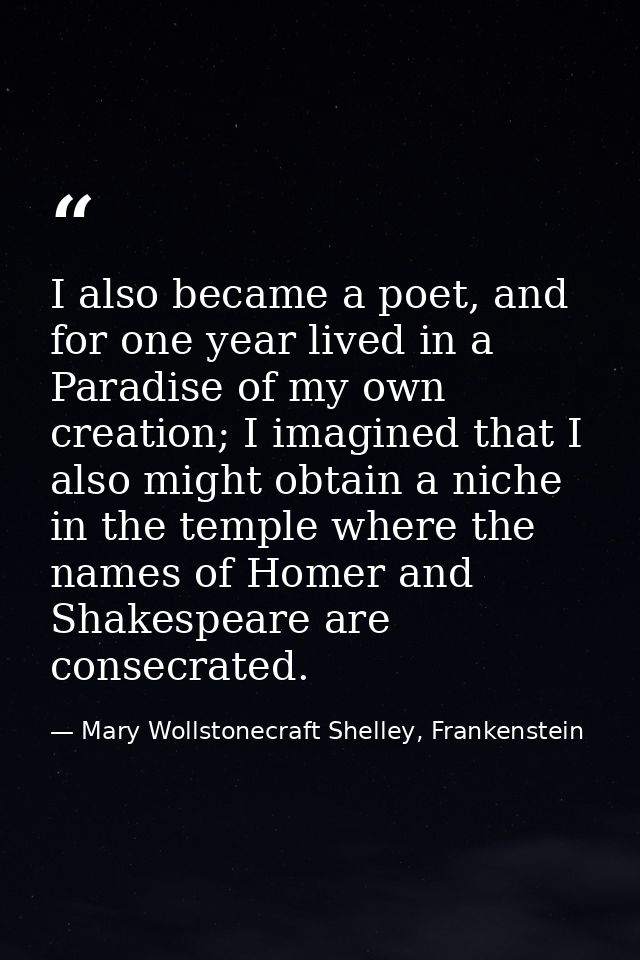 I also became a poet, and for one year lived in a Paradise of my own creation; I imagined that I also might obtain a nic — Mary Wollstonecraft Shelley, Frankenstein
