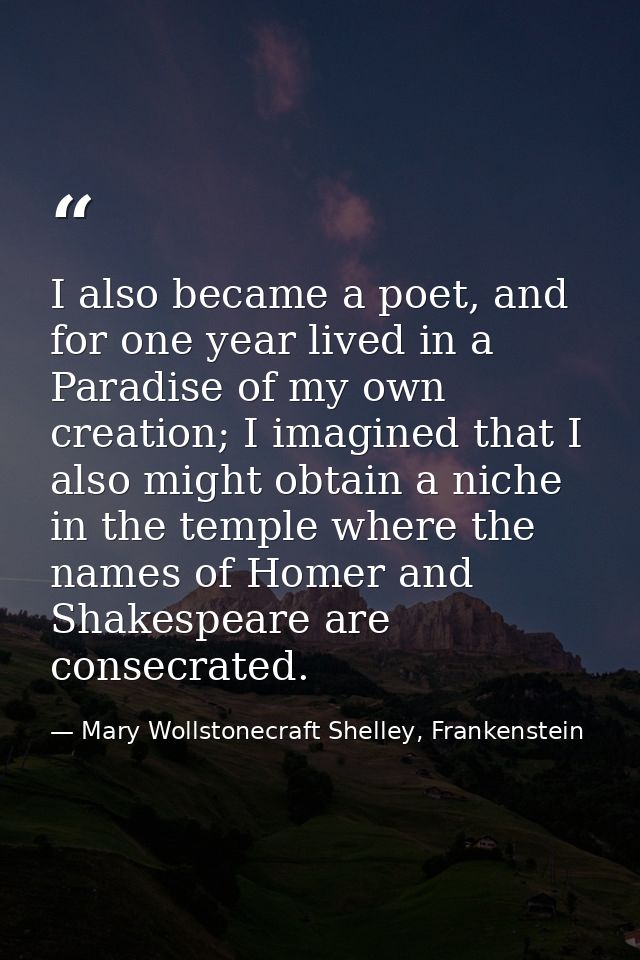 I also became a poet, and for one year lived in a Paradise of my own creation; I imagined that I also might obtain a nic — Mary Wollstonecraft Shelley, Frankenstein
