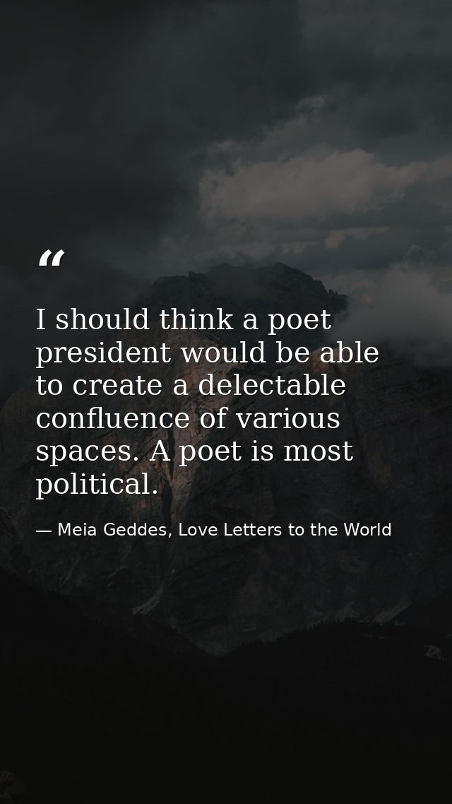 I should think a poet president would be able to create a delectable confluence of various spaces. A poet is most politi — Meia Geddes, Love Letters to the World