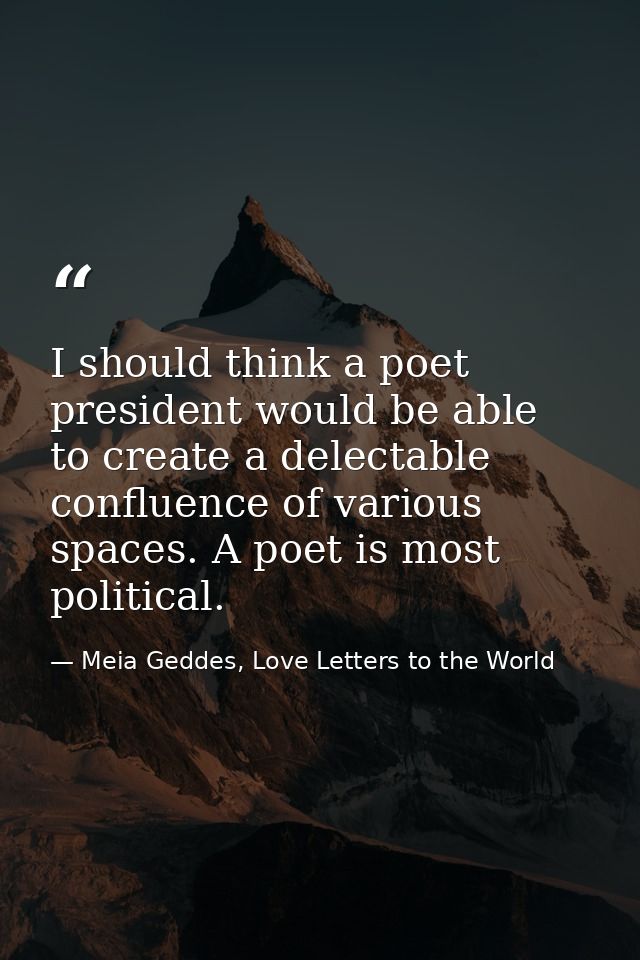 I should think a poet president would be able to create a delectable confluence of various spaces. A poet is most politi — Meia Geddes, Love Letters to the World