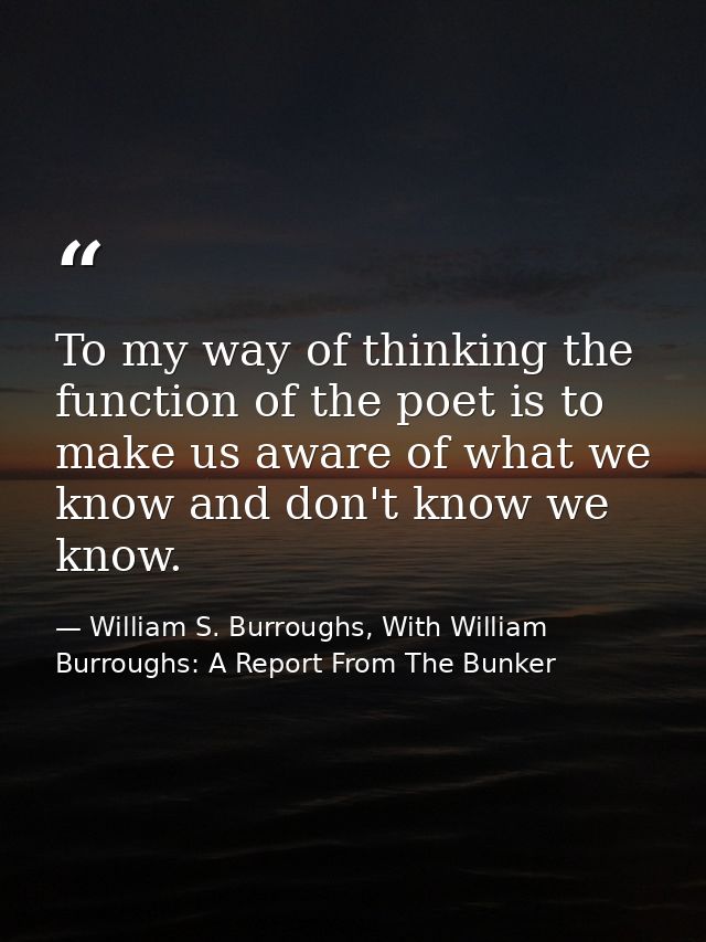 To my way of thinking the function of the poet is to make us aware of what we know and don't know we know. — William S. Burroughs, With William Burroughs: A Report From The Bunker