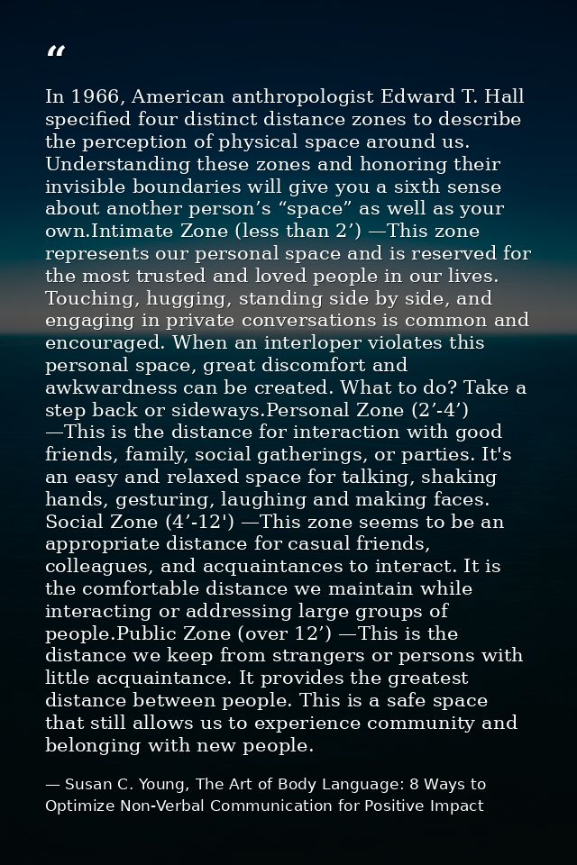 In 1966, American anthropologist Edward T. Hall specified four distinct distance zones to describe the perception of phy — Susan C. Young, The Art of Body Language: 8 Ways to Optimize Non-Verbal Communication for Positive Impact