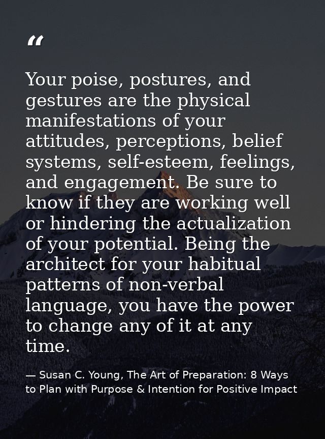 Your poise, postures, and gestures are the physical manifestations of your attitudes, perceptions, belief systems, self- — Susan C. Young, The Art of Preparation: 8 Ways to Plan with Purpose & Intention for Positive Impact