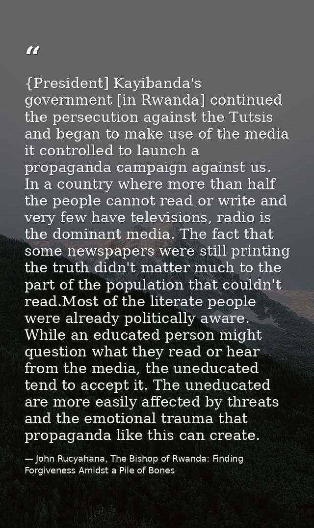 {President] Kayibanda's government [in Rwanda] continued the persecution against the Tutsis and began to make use of the — John Rucyahana, The Bishop of Rwanda: Finding Forgiveness Amidst a Pile of Bones