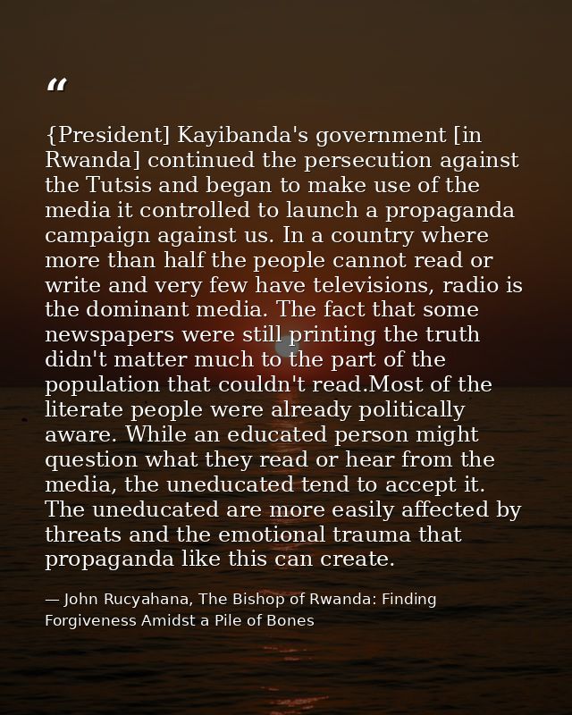 {President] Kayibanda's government [in Rwanda] continued the persecution against the Tutsis and began to make use of the — John Rucyahana, The Bishop of Rwanda: Finding Forgiveness Amidst a Pile of Bones