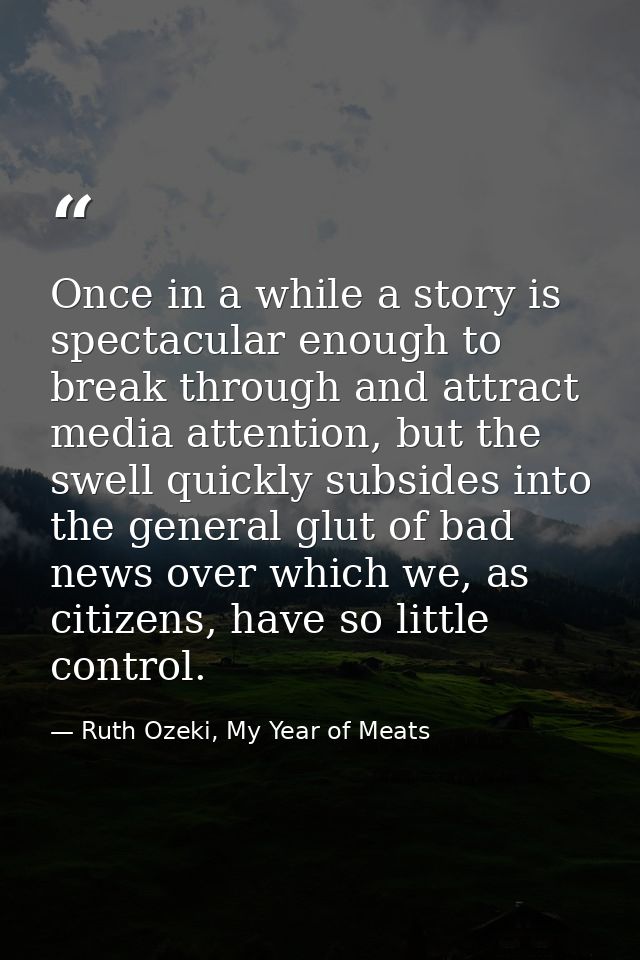 Once in a while a story is spectacular enough to break through and attract media attention, but the swell quickly subsid — Ruth Ozeki, My Year of Meats