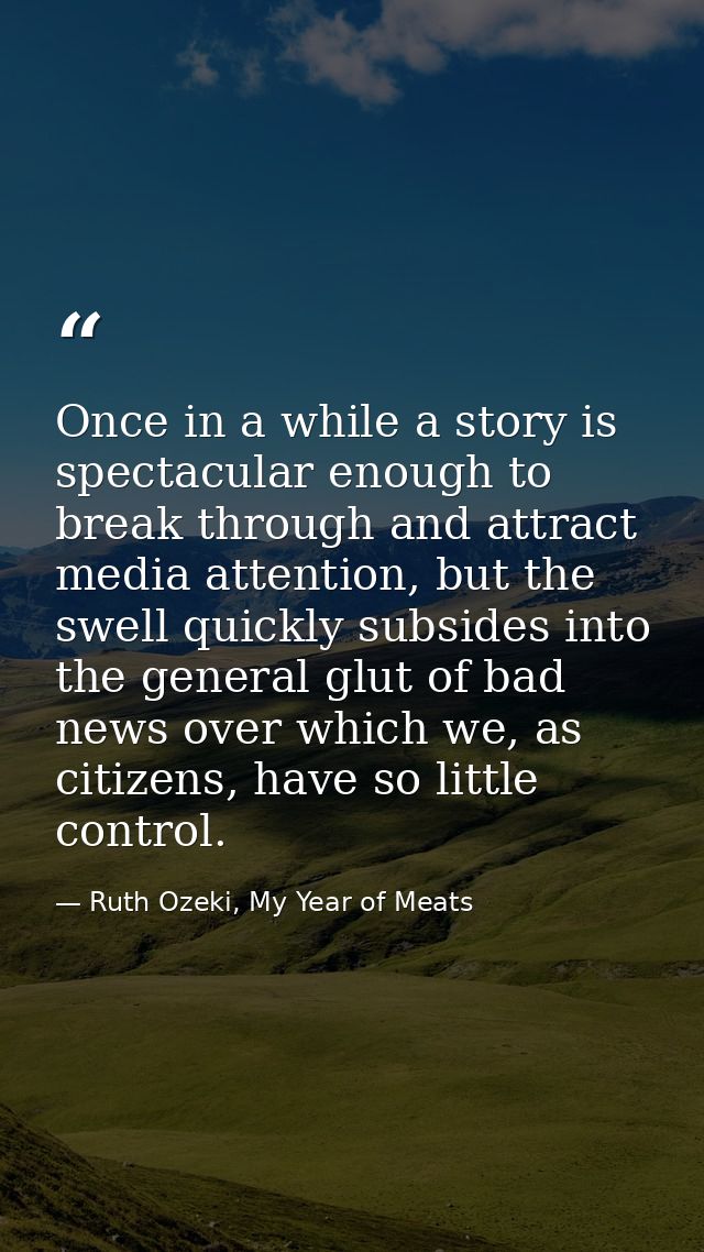 Once in a while a story is spectacular enough to break through and attract media attention, but the swell quickly subsid — Ruth Ozeki, My Year of Meats