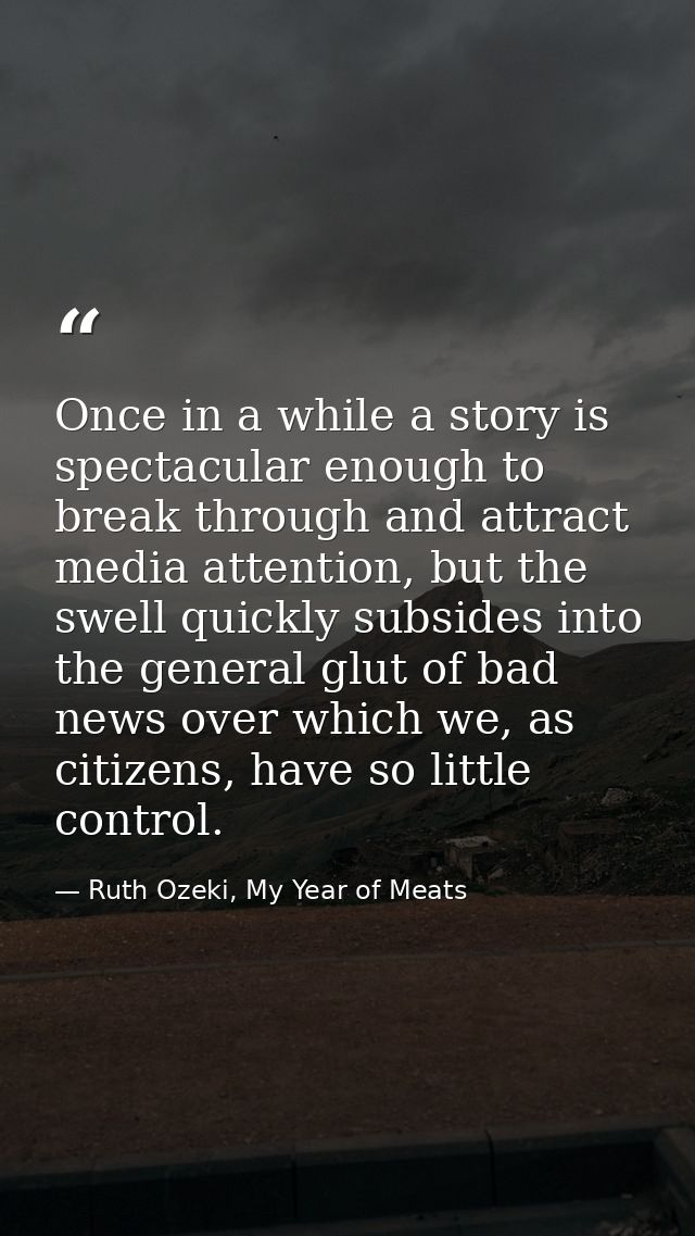 Once in a while a story is spectacular enough to break through and attract media attention, but the swell quickly subsid — Ruth Ozeki, My Year of Meats