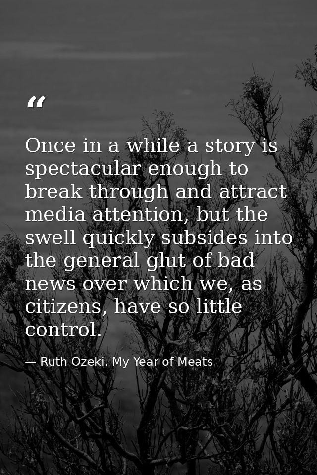 Once in a while a story is spectacular enough to break through and attract media attention, but the swell quickly subsid — Ruth Ozeki, My Year of Meats