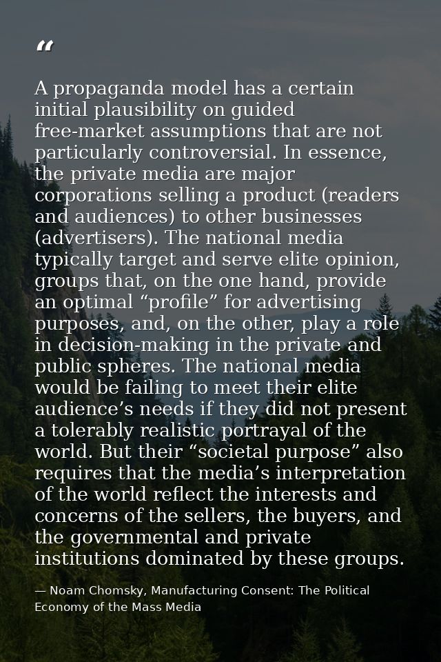 A propaganda model has a certain initial plausibility on guided free-market assumptions that are not particularly contro — Noam Chomsky, Manufacturing Consent: The Political Economy of the Mass Media