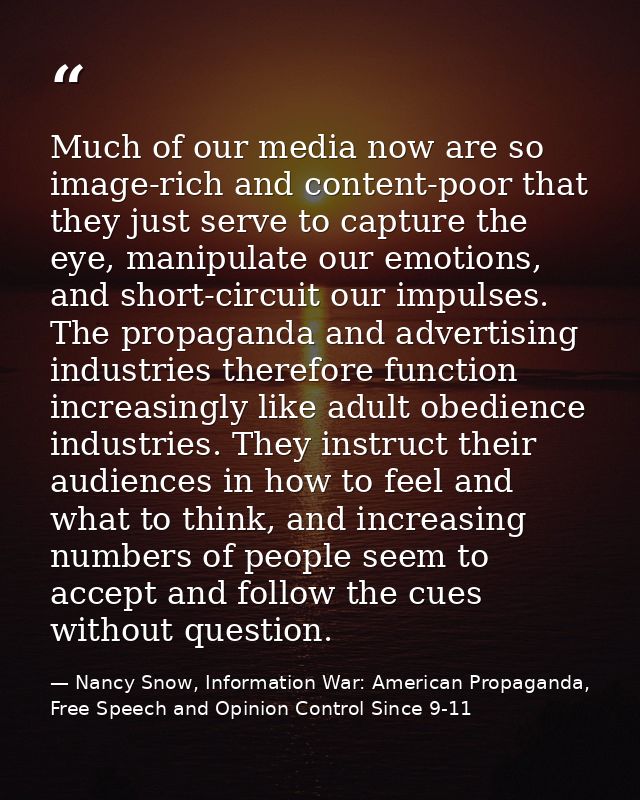 Much of our media now are so image-rich and content-poor that they just serve to capture the eye, manipulate our emotion — Nancy Snow, Information War: American Propaganda, Free Speech and Opinion Control Since 9-11