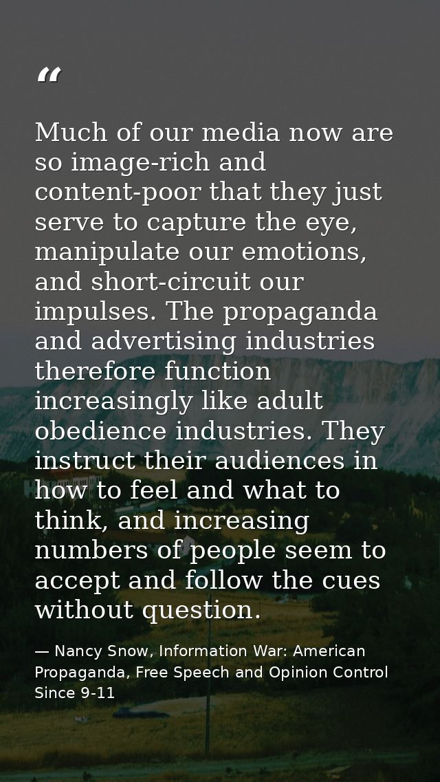 Much of our media now are so image-rich and content-poor that they just serve to capture the eye, manipulate our emotion — Nancy Snow, Information War: American Propaganda, Free Speech and Opinion Control Since 9-11