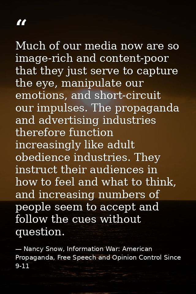 Much of our media now are so image-rich and content-poor that they just serve to capture the eye, manipulate our emotion — Nancy Snow, Information War: American Propaganda, Free Speech and Opinion Control Since 9-11