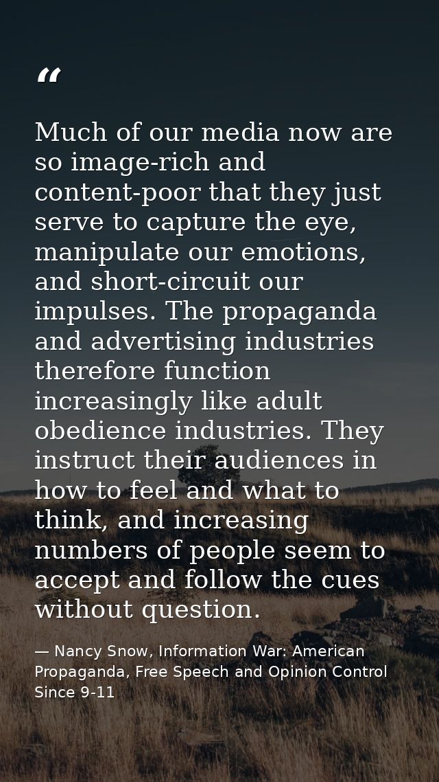 Much of our media now are so image-rich and content-poor that they just serve to capture the eye, manipulate our emotion — Nancy Snow, Information War: American Propaganda, Free Speech and Opinion Control Since 9-11