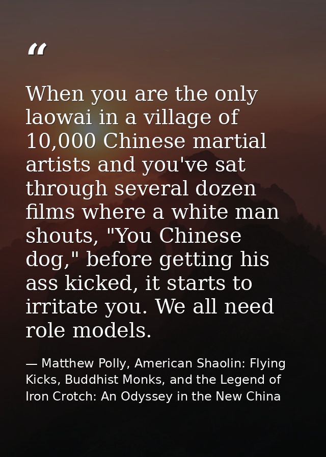 When you are the only laowai in a village of 10,000 Chinese martial artists and you've sat through several dozen films w — Matthew Polly, American Shaolin: Flying Kicks, Buddhist Monks, and the Legend of Iron Crotch: An Odyssey in the New China