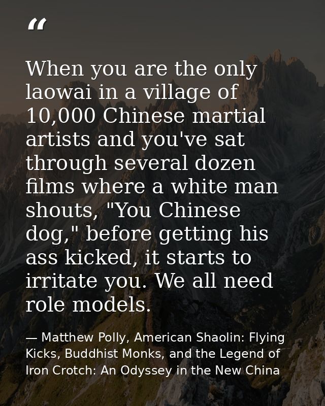 When you are the only laowai in a village of 10,000 Chinese martial artists and you've sat through several dozen films w — Matthew Polly, American Shaolin: Flying Kicks, Buddhist Monks, and the Legend of Iron Crotch: An Odyssey in the New China