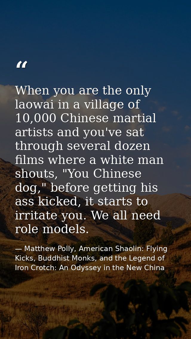 When you are the only laowai in a village of 10,000 Chinese martial artists and you've sat through several dozen films w — Matthew Polly, American Shaolin: Flying Kicks, Buddhist Monks, and the Legend of Iron Crotch: An Odyssey in the New China